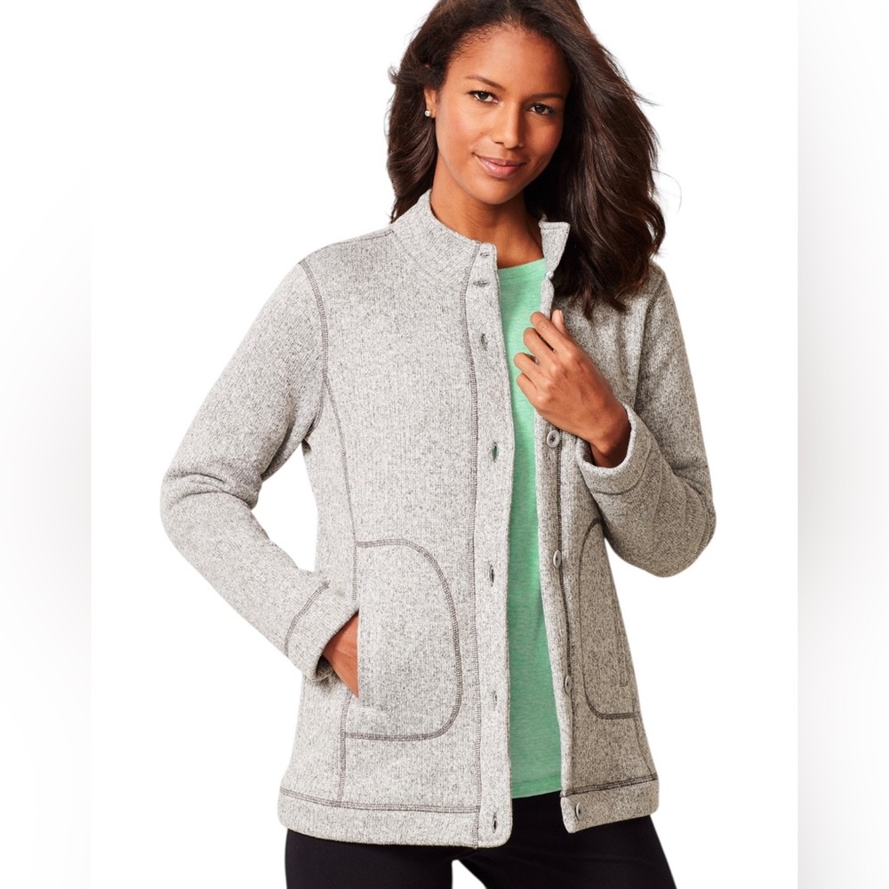 Talbots Light Gray Utility fleece Jacket button Front pockets casual size medium